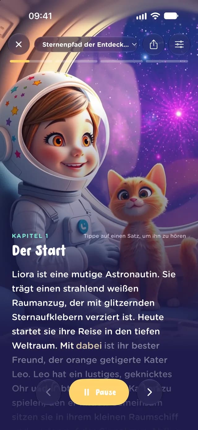 Die Leseansicht von MiniMinds: Die Wörter leuchten auf, während der Erzähler vorliest