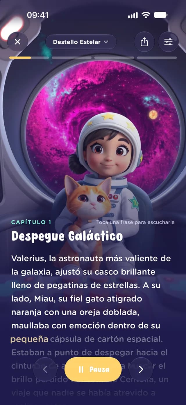 El lector de cuentos de MiniMinds, con las palabras iluminándose mientras lee el narrador