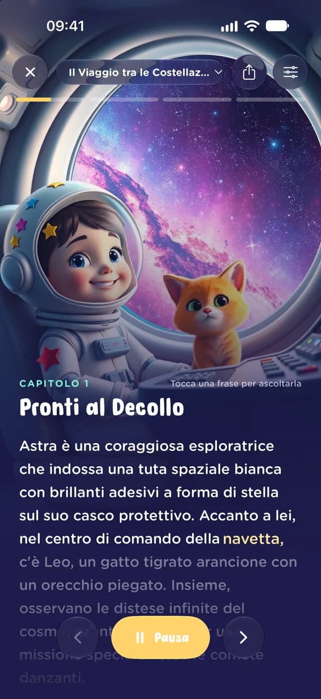 Il lettore di storie di MiniMinds, con le parole che si illuminano mentre il narratore legge
